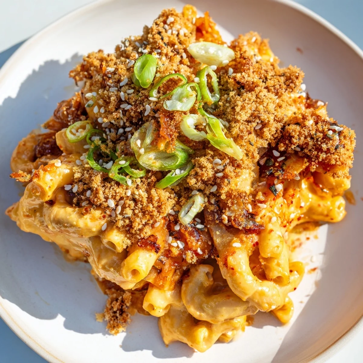 Baked Spicy Kimchi Mac & Cheese topped with panko, ideal for fusion food enthusiasts.