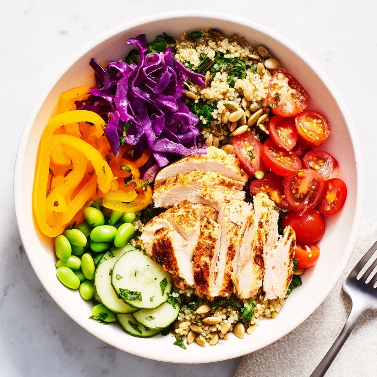 Colorful healthy meal-prep bowls with quinoa, chicken, and vibrant vegetables arranged beautifully.  