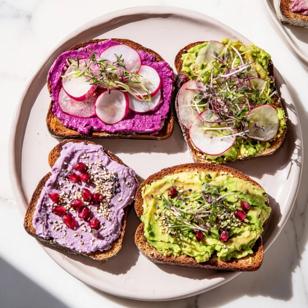 Delicious Bright & Bold Breakfast Toasts adorned with pomegranate seeds and microgreens.