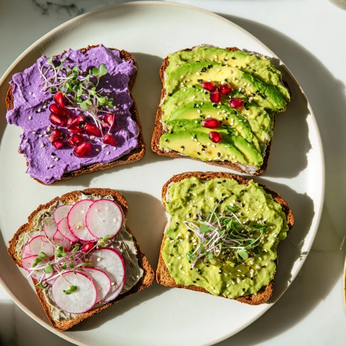 Colorful breakfast toasts showcasing ube halaya, avocado, and crunchy radish toppings.  
