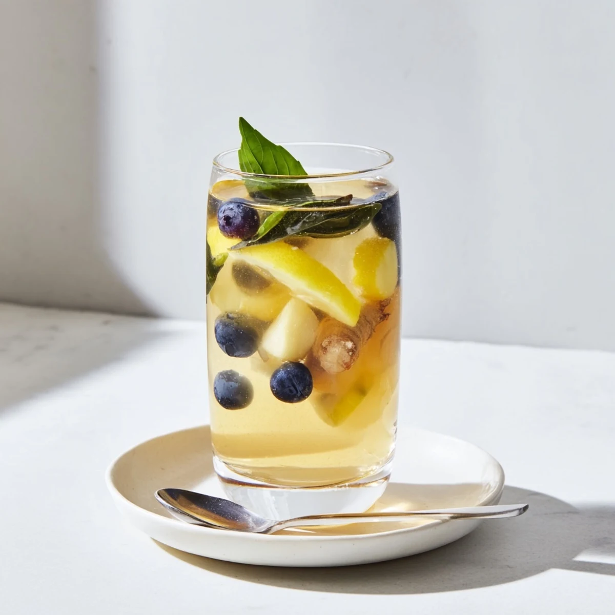 Refreshing kombucha-style home-brew mocktails with vibrant fruits and herbs ready to enjoy.  
