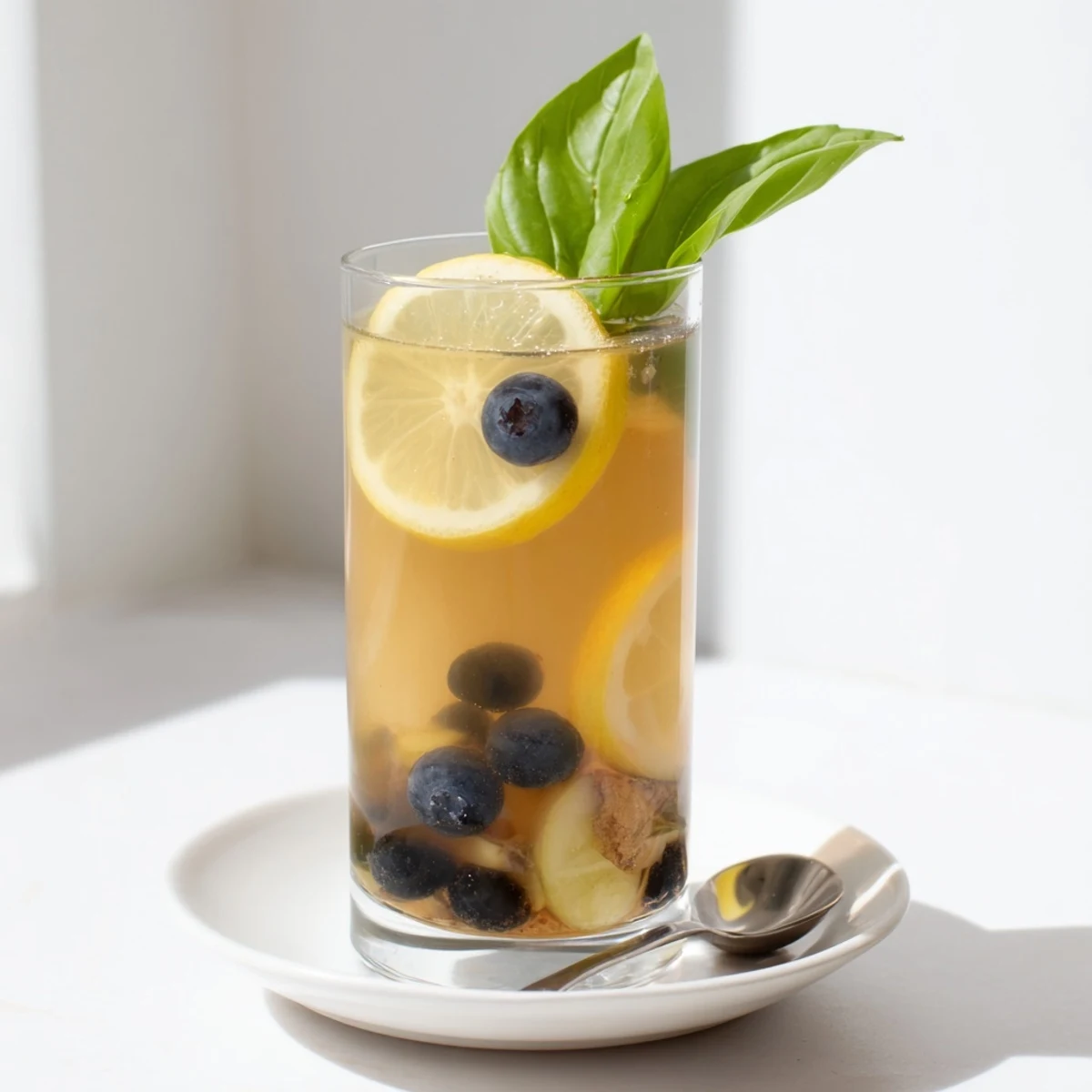 Colorful mixed berry and mint kombucha-style mocktails served in chilled glasses with ice.  
