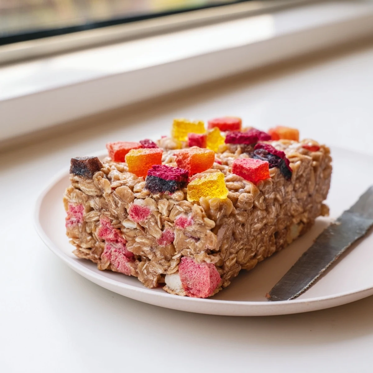 Colorful DIY snack bars topped with homemade gummies and freeze-dried candies.  