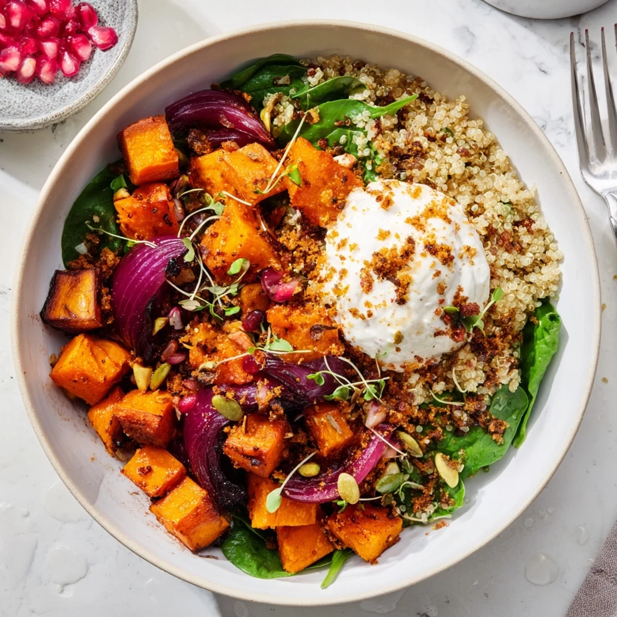 Comforting spiced winter bowls filled with quinoa, roasted veggies, and vibrant garnishes.  