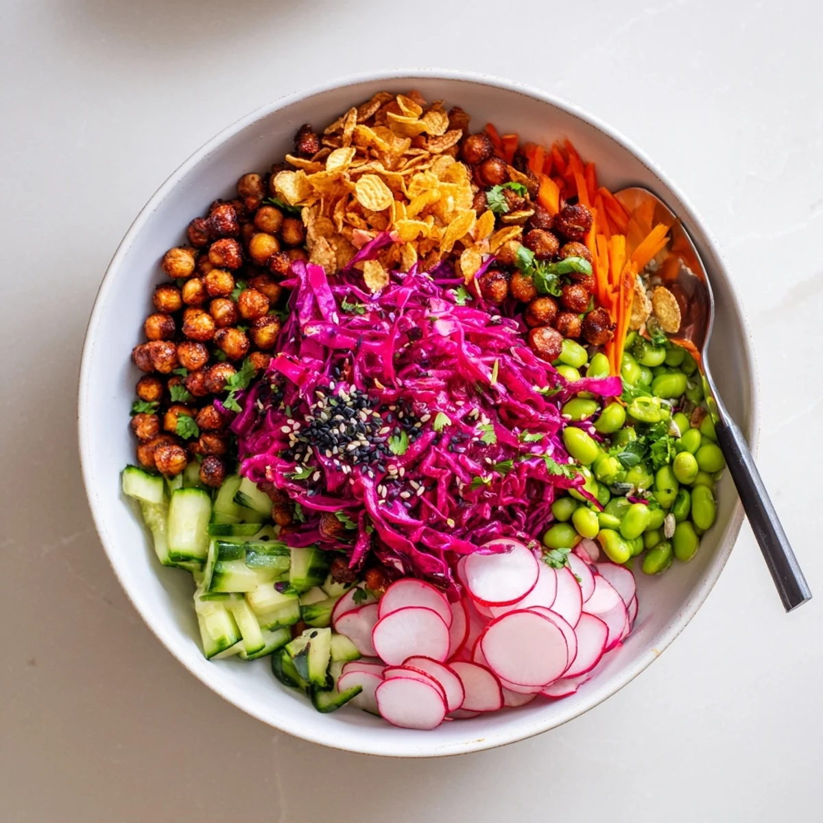 Vibrant ASMR Crunch Snack Bowls topped with colorful veggies and crispy textures.