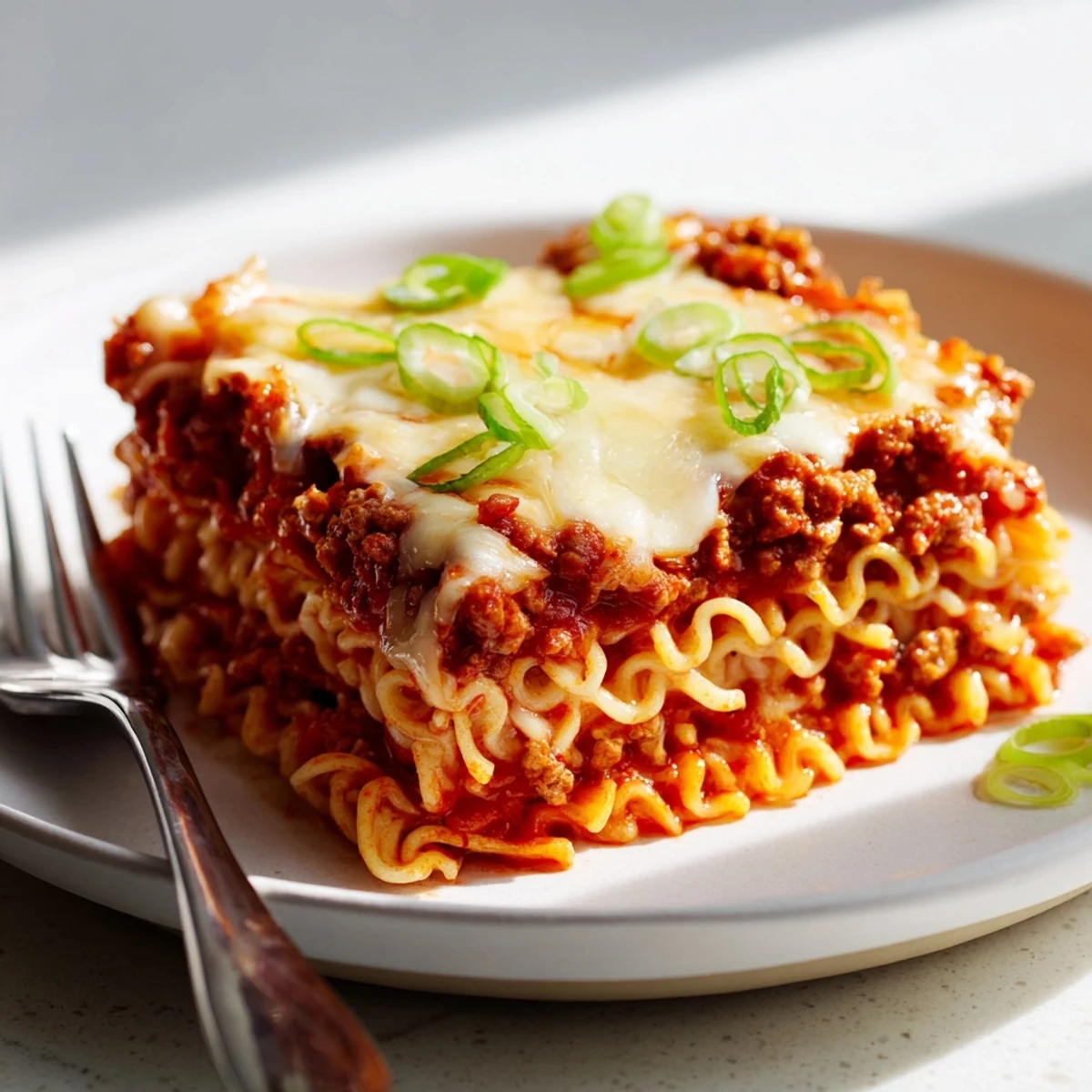 Layered Spicy Ramen Lasagna with creamy cheese and savory pork, baked to perfection.