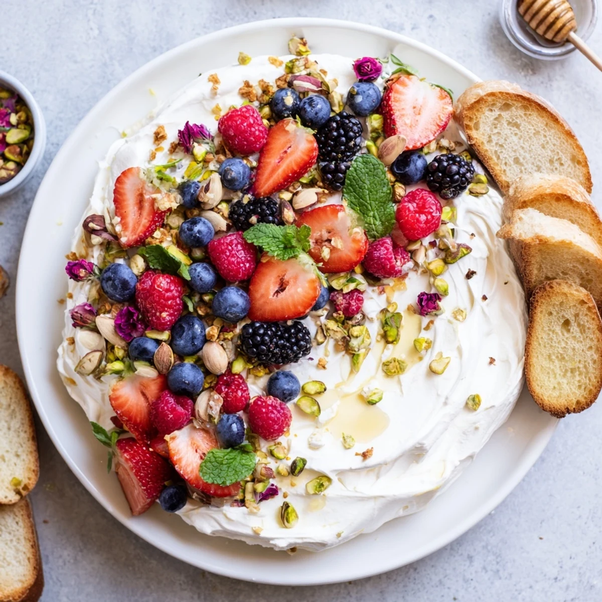 Delicious Butter Board Dessert topped with fresh berries and chocolate chips.  