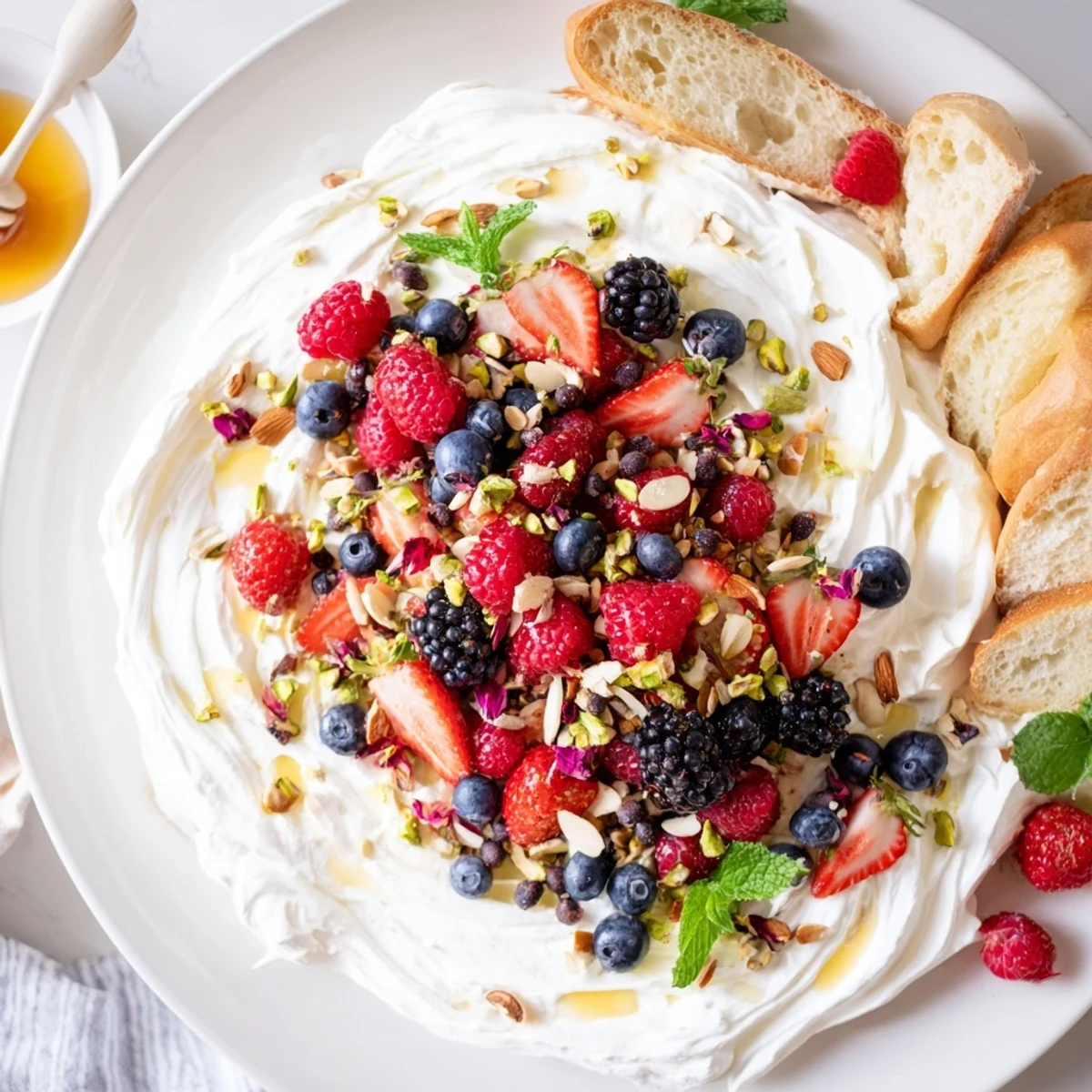 Creamy butter board dessert featuring whipped cream cheese and colorful fruit toppings.  