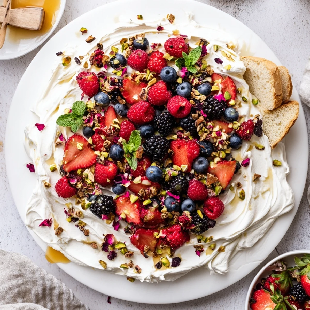 Elegant Butter Board Dessert served with toasted bread, adorned with vibrant berries.