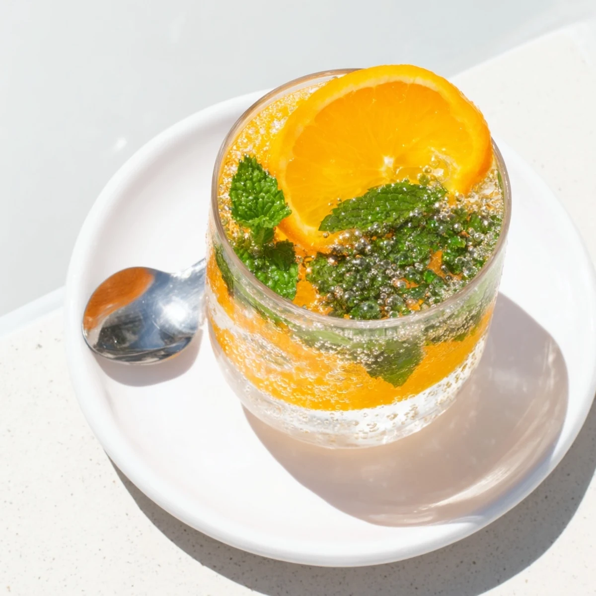 Brightly colored probiotic soda mocktail garnished with orange slices and fresh herbs.  