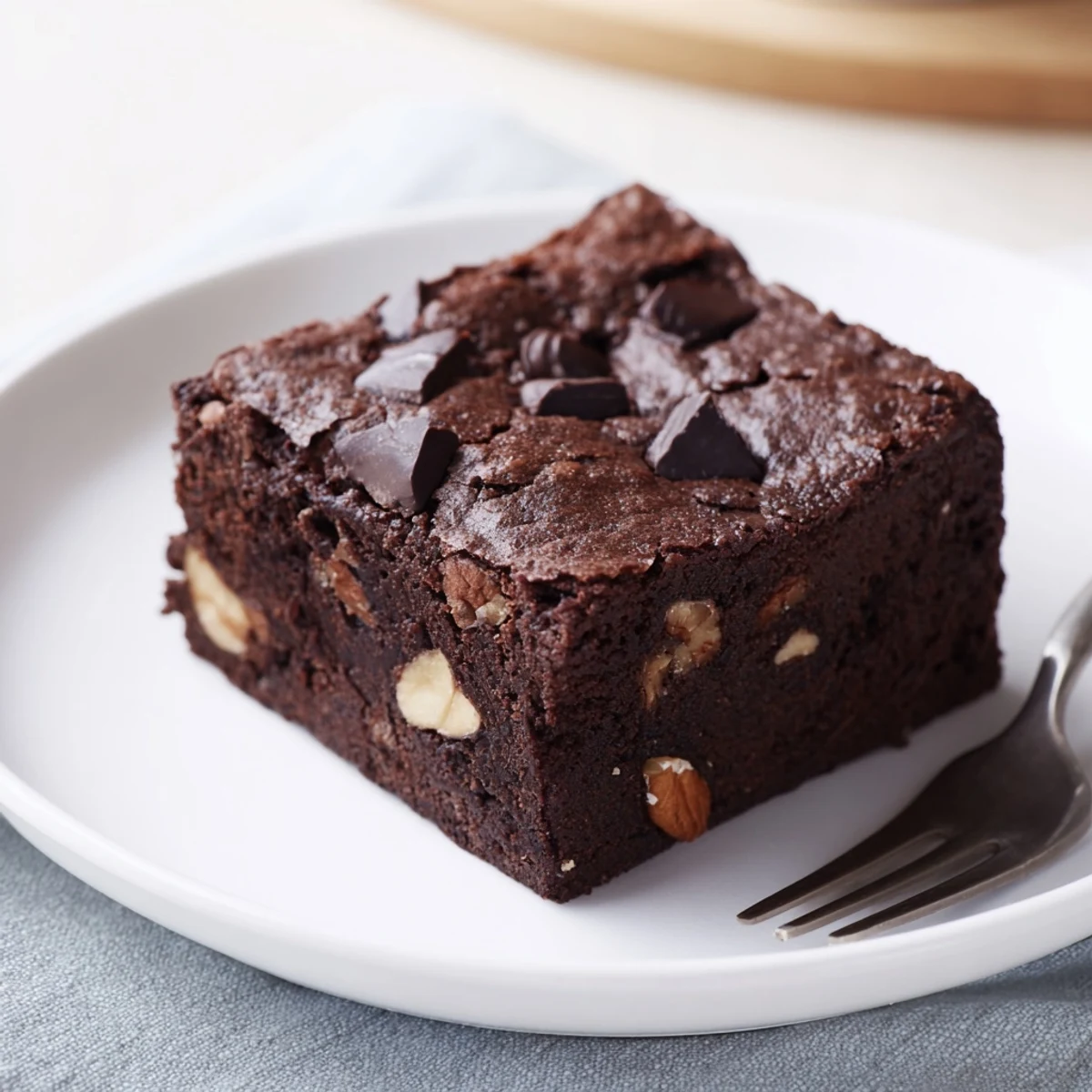 Rich, fudgy Zero-Waste Brownies using nut-milk pulp, topped with chocolate chips.  