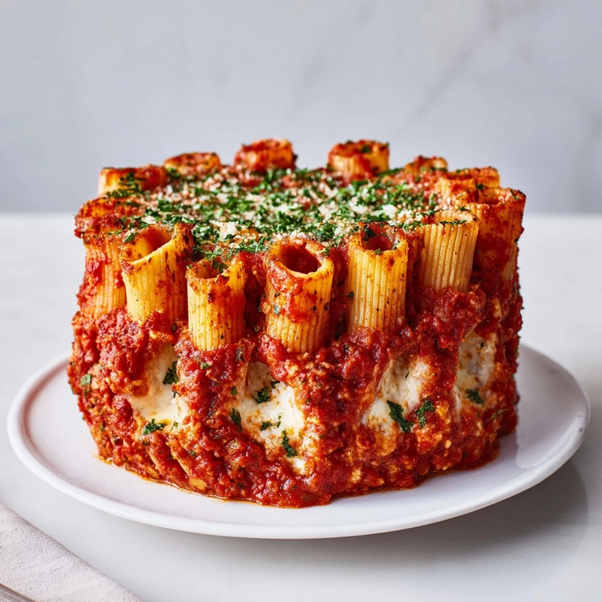 Rich honeycomb pasta cake with rigatoni stuffed with creamy ricotta and savory tomato sauce.  