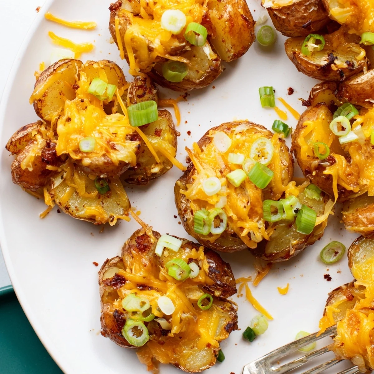 Crispy Smashed Green Onion Potato Bombs topped with melted cheese and fresh parsley.  