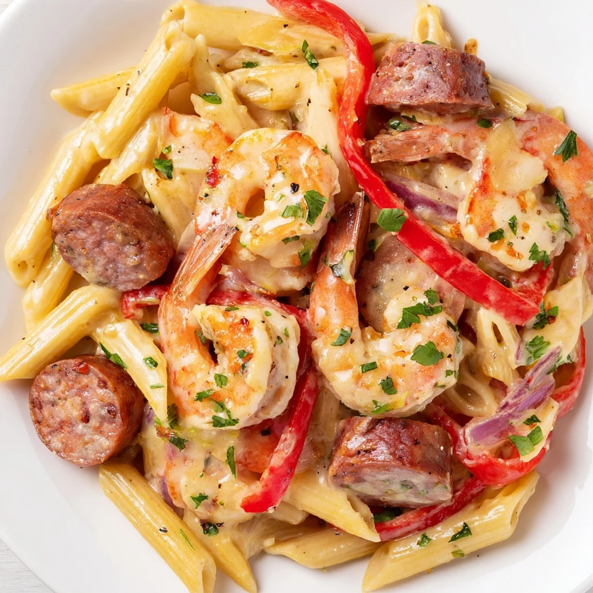 Creamy Cajun Sausage & Shrimp Alfredo Pasta Skillet garnished with fresh parsley, perfect for family dinners.  