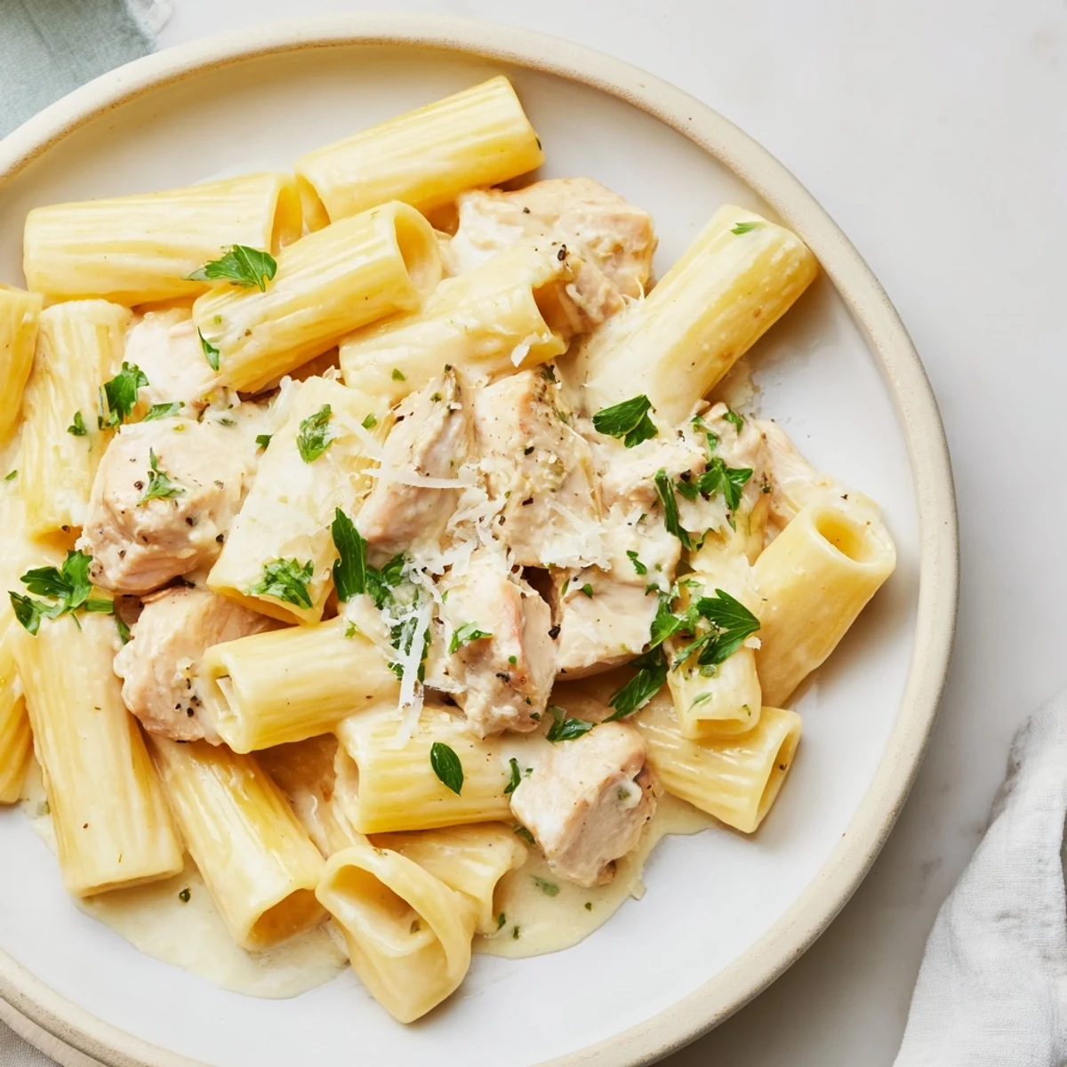 Creamy Garlic Parmesan Chicken Rigatoni topped with fresh parsley and extra cheese.  