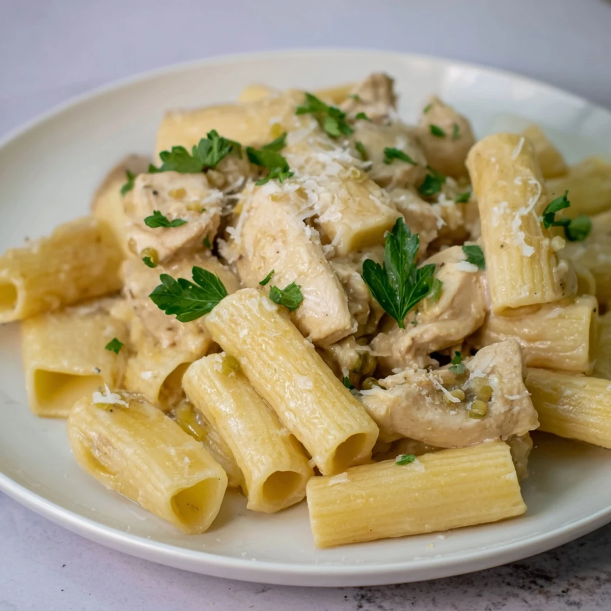 A comforting Creamy Garlic Parmesan Chicken Rigatoni dish served steaming and indulgent.  