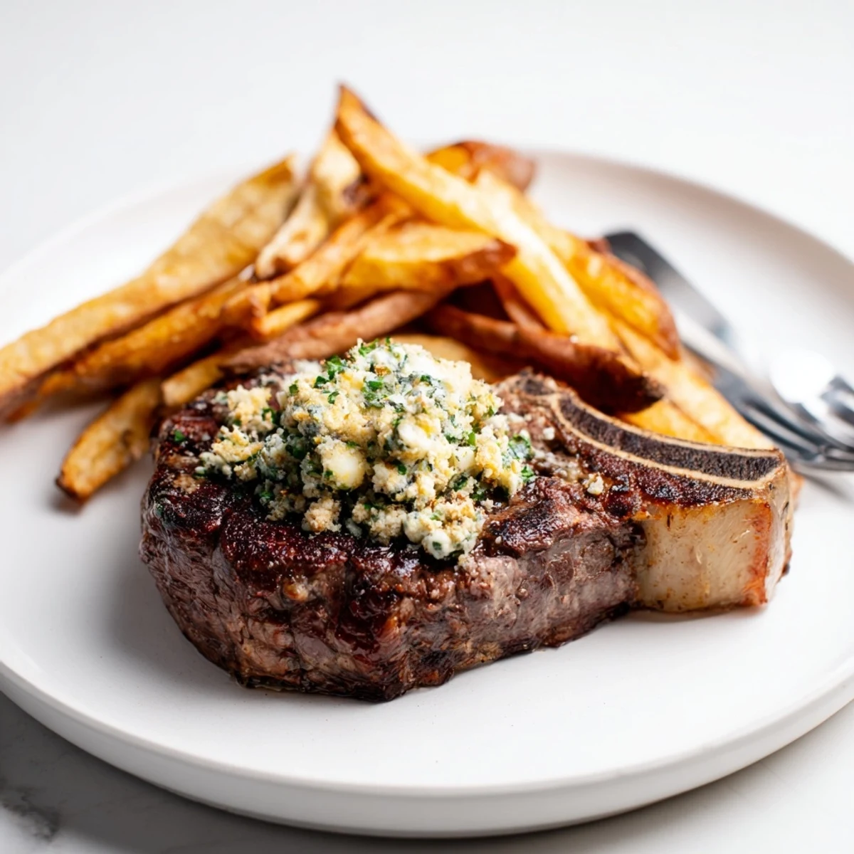 Juicy steak topped with rich garlic-herb butter alongside deliciously crispy fries.  