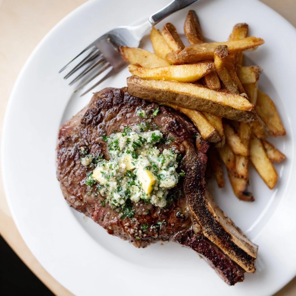Savor the flavorful steakhouse garlic butter steak paired with homemade golden fries.