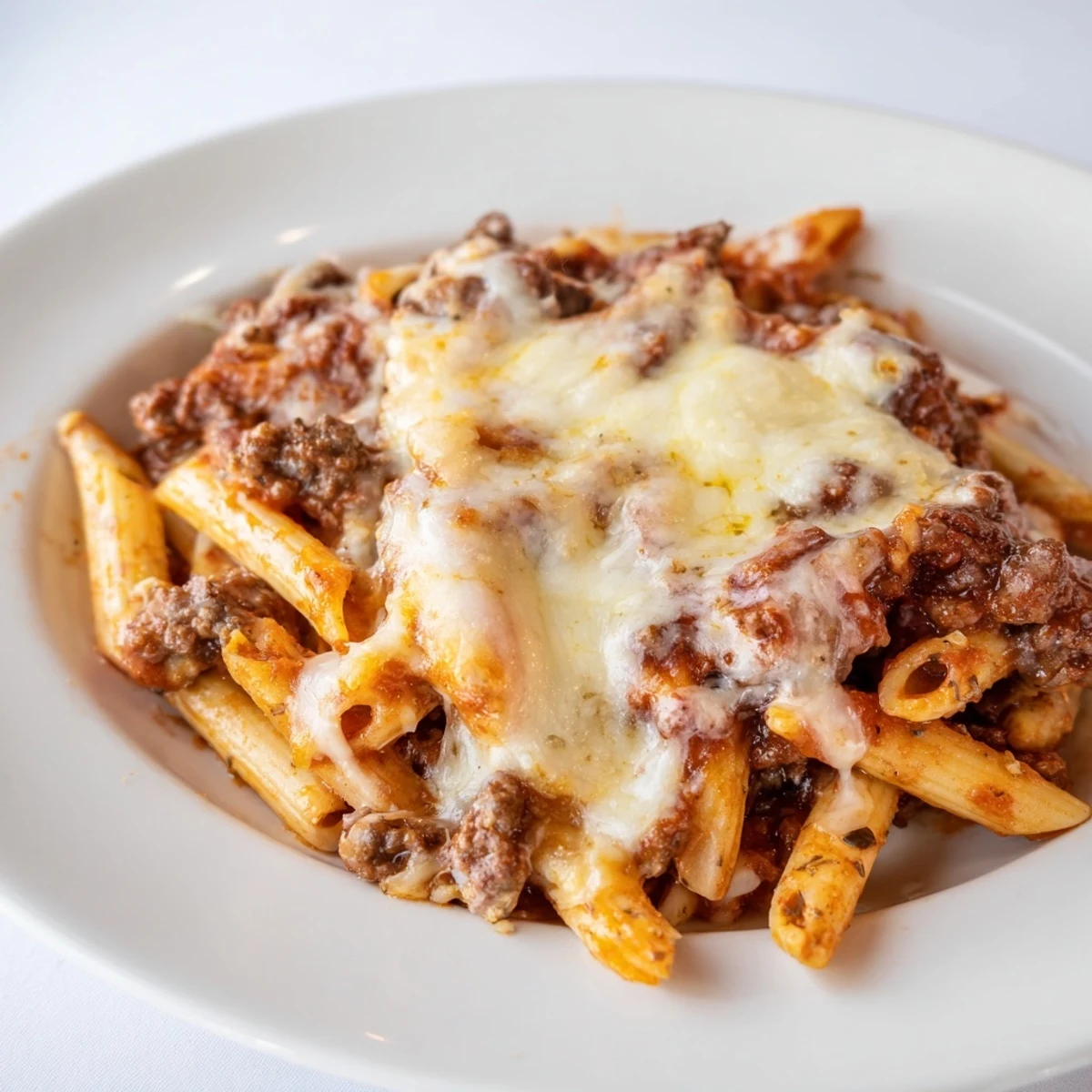 Golden Cheesy Beef & Penne Bake served in a warm casserole dish, ideal for potlucks.