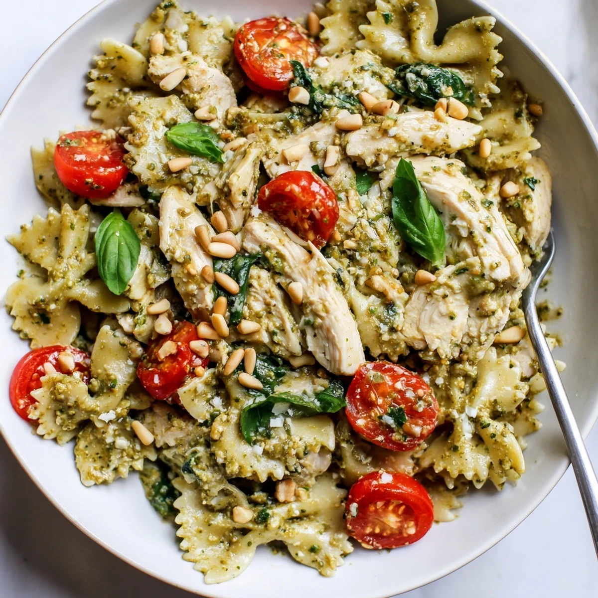 Creamy pesto chicken bowtie pasta topped with fresh basil and toasted pine nuts.  