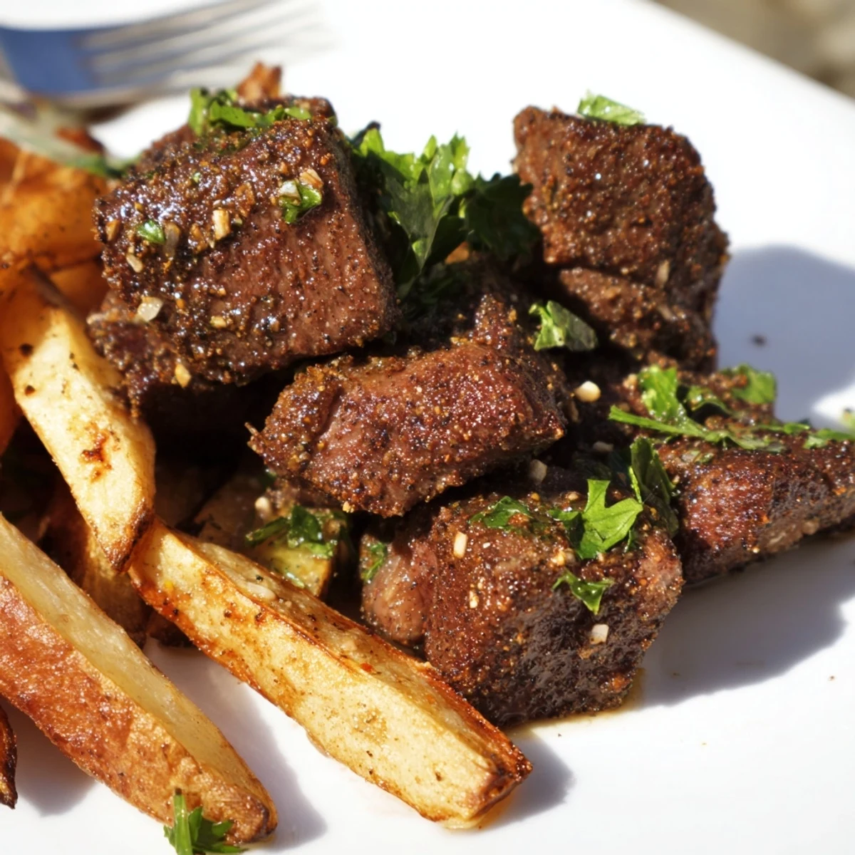 Juicy Blackened Cajun Steak Bites sizzling in a cast-iron skillet with crispy fries.