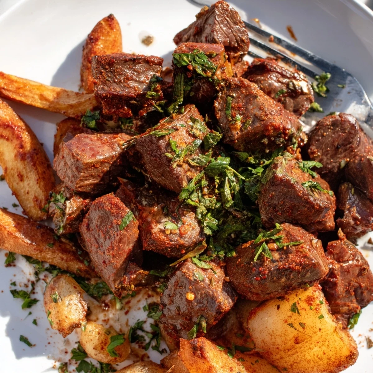 Tender steak bites coated in spicy Cajun seasoning, served with golden fries on the side.
