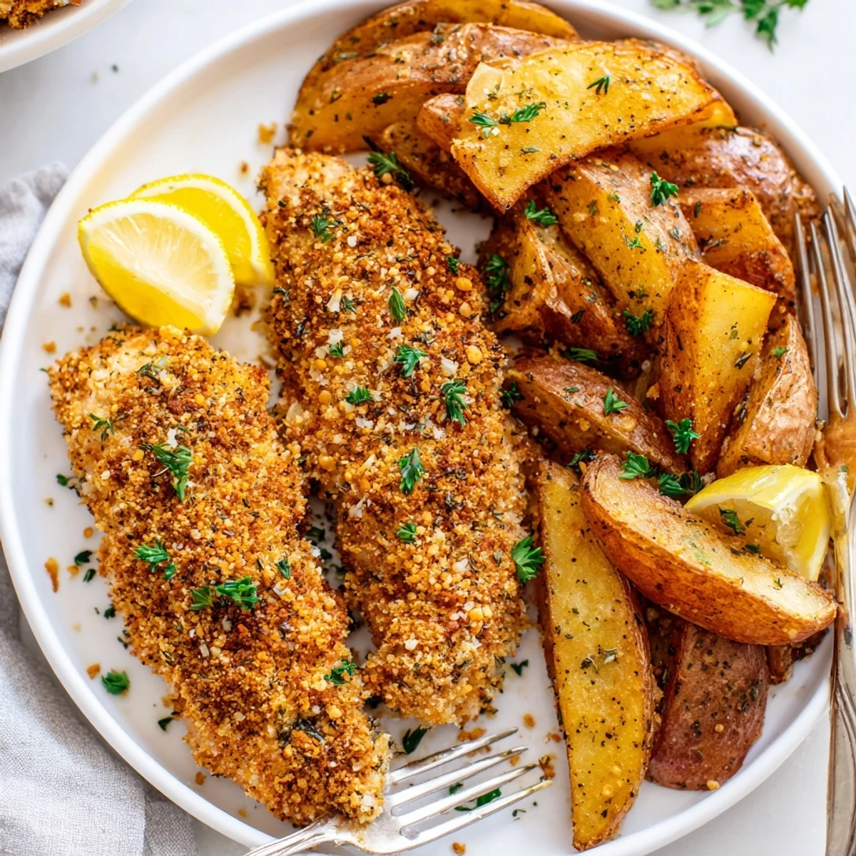 Juicy herbed chicken tenders served alongside crispy potato wedges for a delightful meal.  