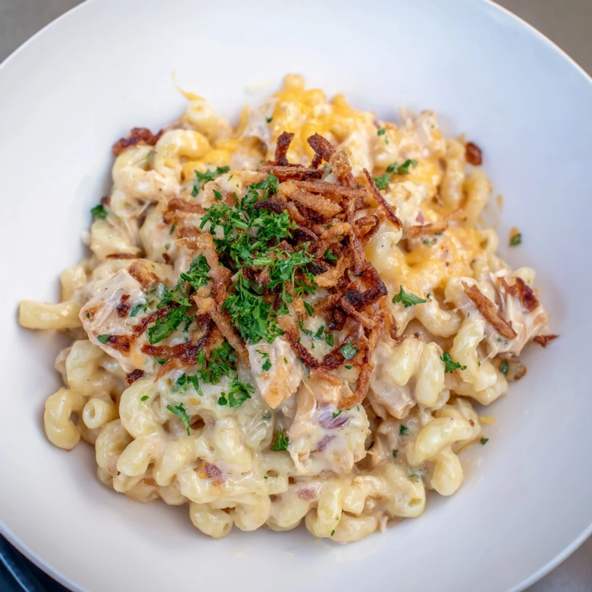 Creamy One-Pot Honey BBQ Chicken Mac and Cheese topped with crispy onions and fresh parsley.