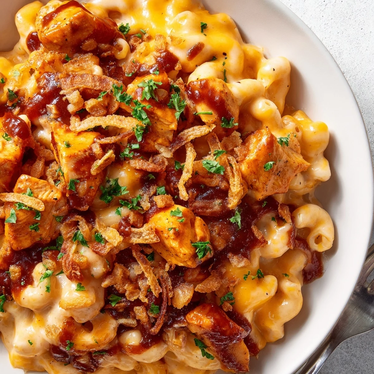 Savory One-Pot Honey BBQ Chicken Mac and Cheese, featuring melted cheese and smoky flavors.