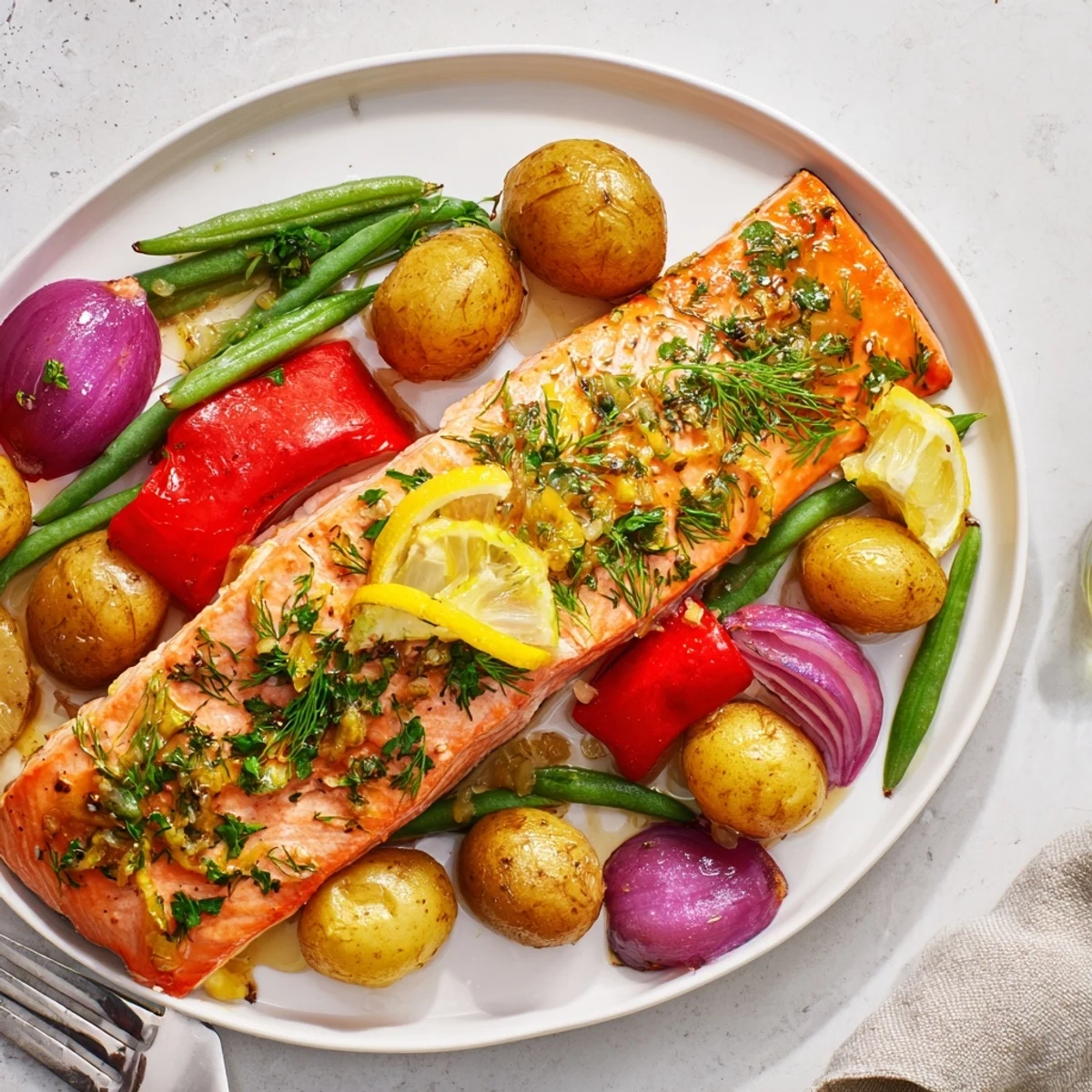 Juicy Lemon Herb Salmon & Potato Sheet Pan with vibrant veggies ready to serve.  