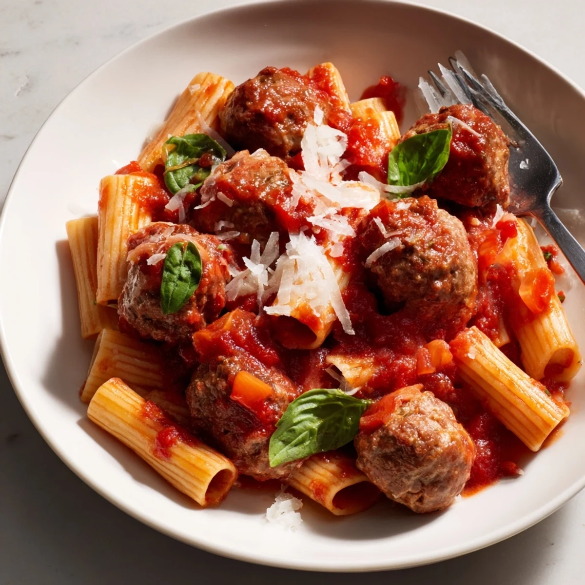 Hearty Italian Meatball Pasta Skillet topped with melted cheese and fresh basil.  