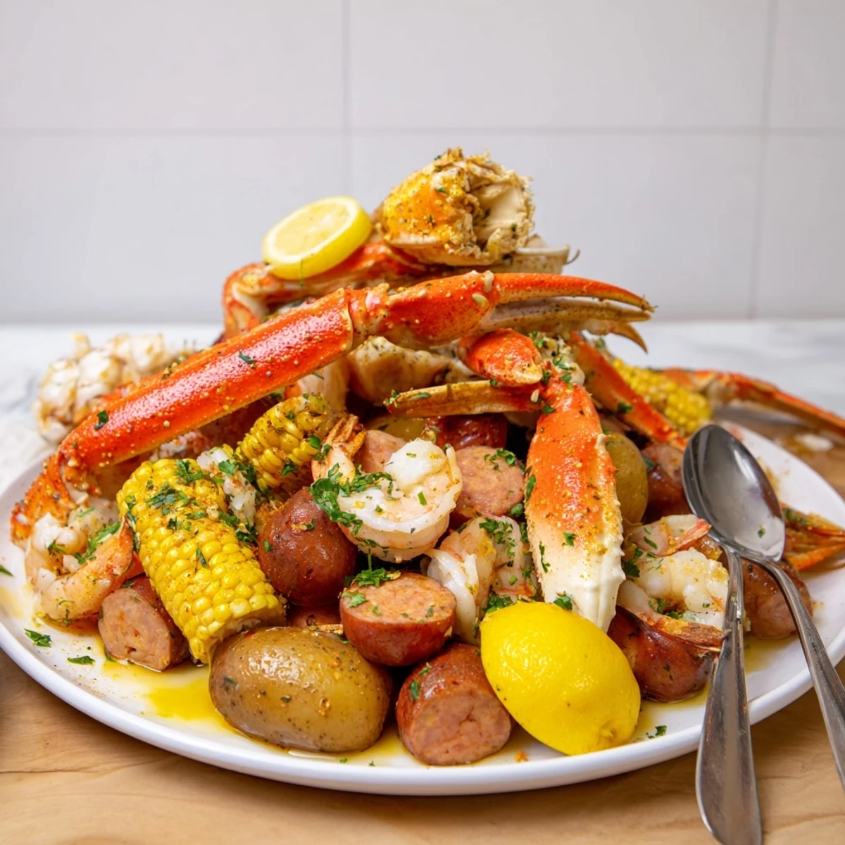 Succulent crab legs and shrimp in a vibrant Seafood Boil, garnished with parsley.  