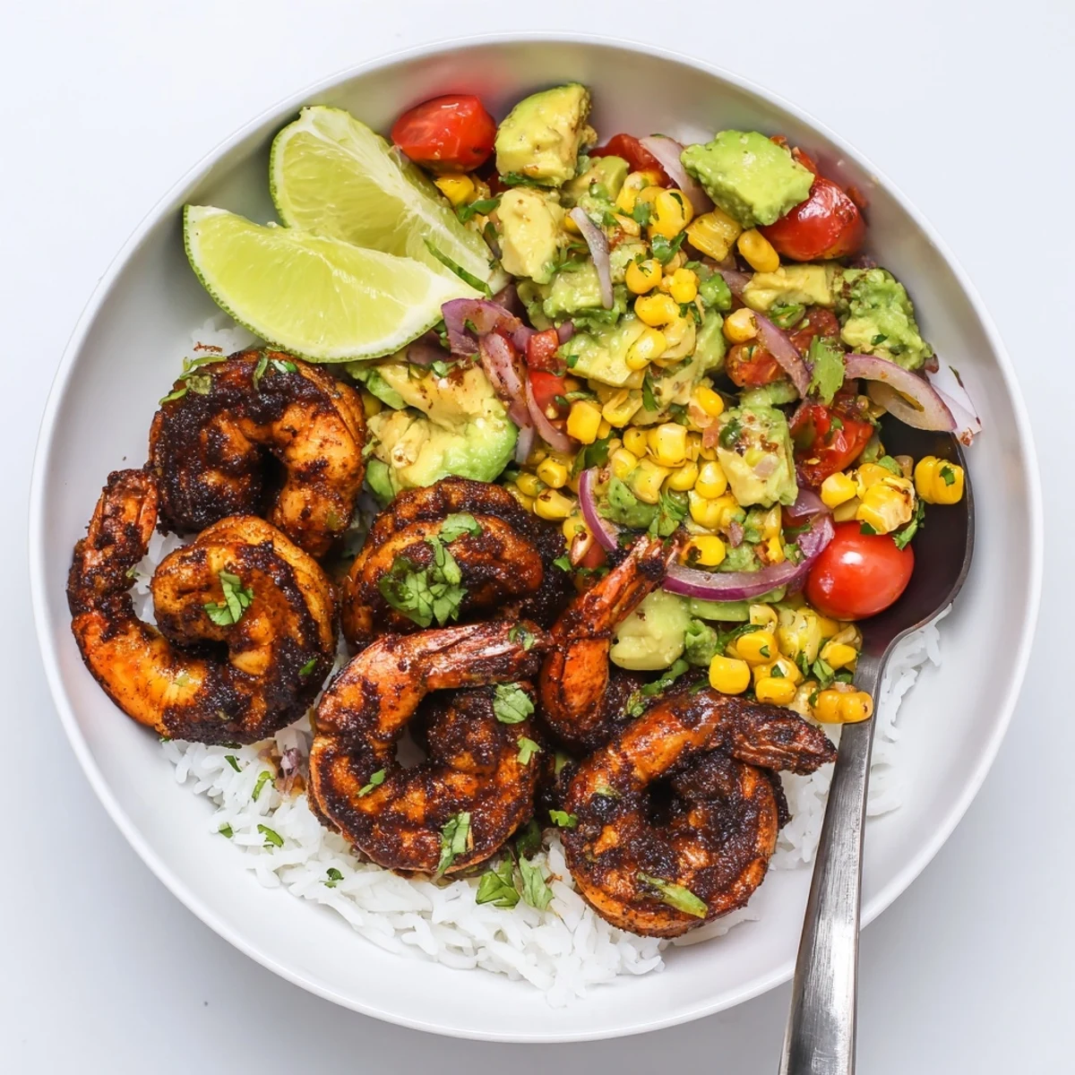 Colorful blackened shrimp bowl with avocado corn salsa and fresh lime wedges for serving.
