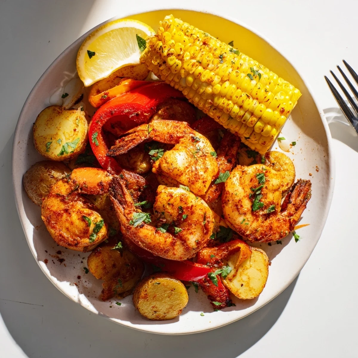 Colorful Cajun shrimp and sweet corn dish, perfect for festive gatherings outdoors.  