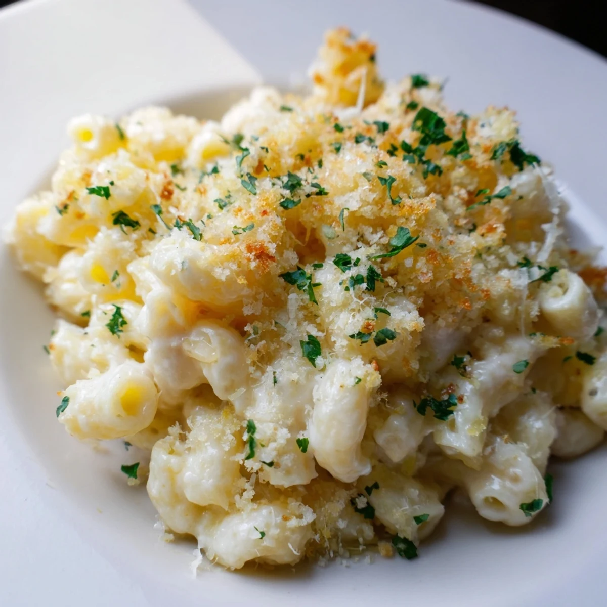 Golden-brown Truffle Macaroni & Cheese, bubbly and delicious, ready for a comforting meal.