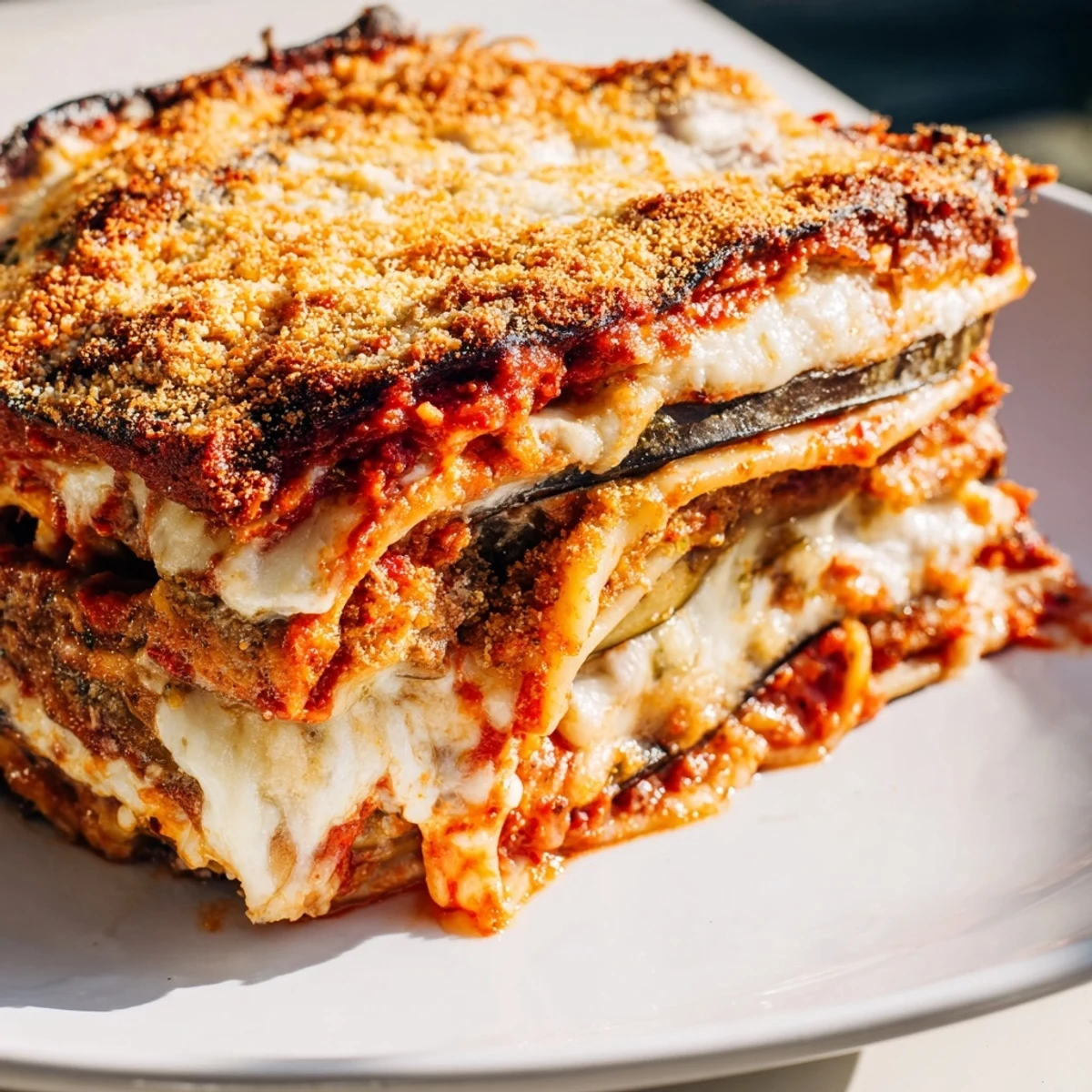 Golden-brown Eggplant Parmesan Lasagna, layered with creamy ricotta and stretchy mozzarella, looks delightful.