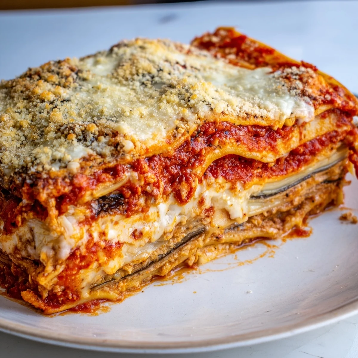 Imagine a hearty slice of homemade Eggplant Parmesan Lasagna, a cozy vegetarian Italian feast.