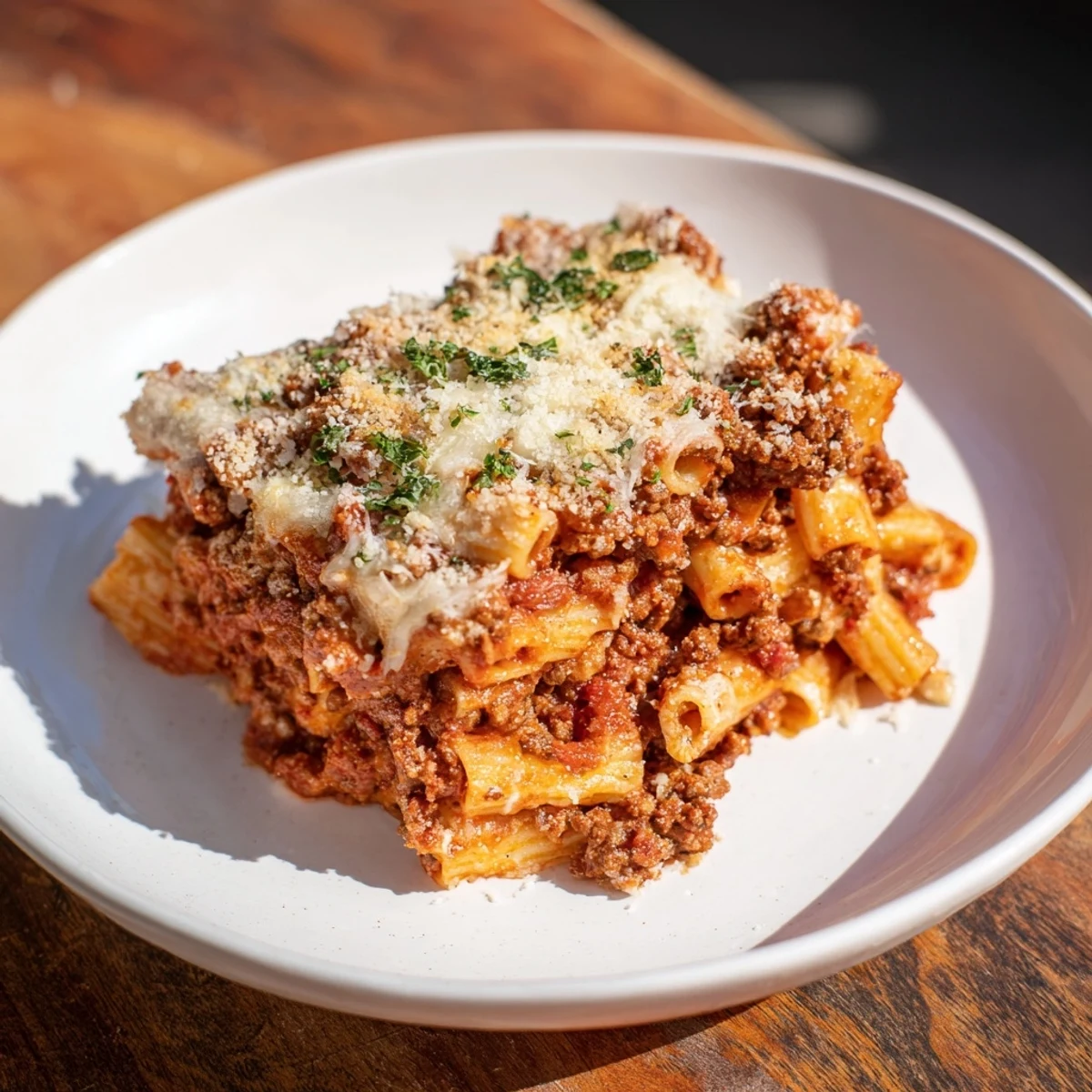 Baked ziti with bubbling mozzarella cheese and a savory meat sauce, ready to serve.