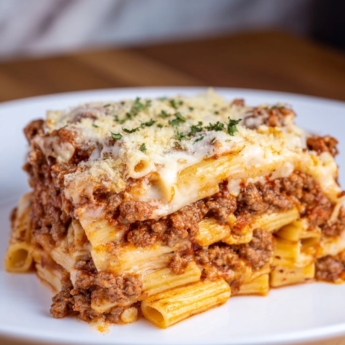 A close-up of a hearty baked ziti casserole, showcasing layers of cheese and pasta.