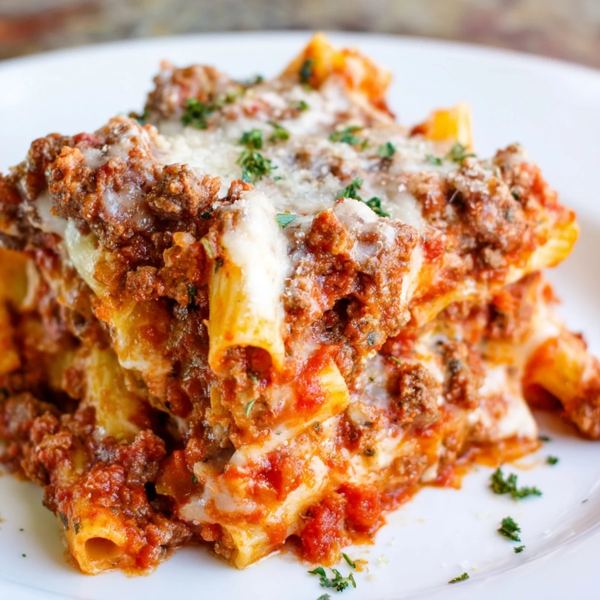 Golden brown topping on baked ziti, a delicious, family-friendly Italian-American meal.