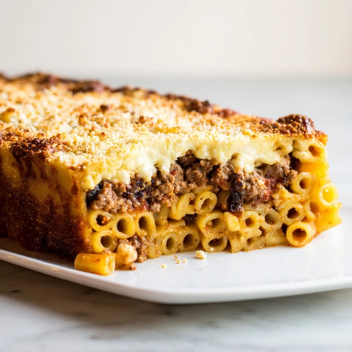 A close-up of a complete Greek Pastitsio dish, rich with meat sauce and baked topping.