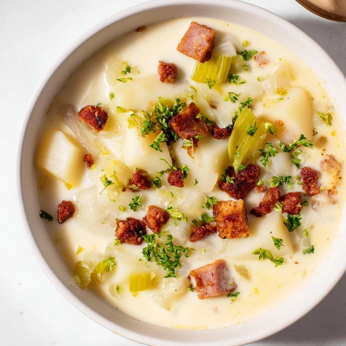A steaming bowl of Potato, Leek & Chorizo Soup, garnished with parsley and crusty bread.