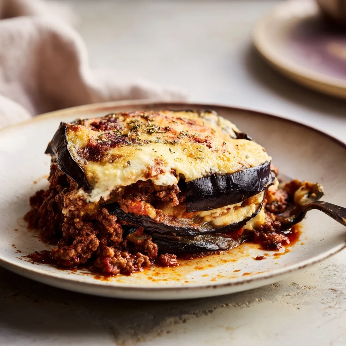 Golden-brown moussaka with layers of eggplant, rich beef, and creamy béchamel, perfect for dinner.