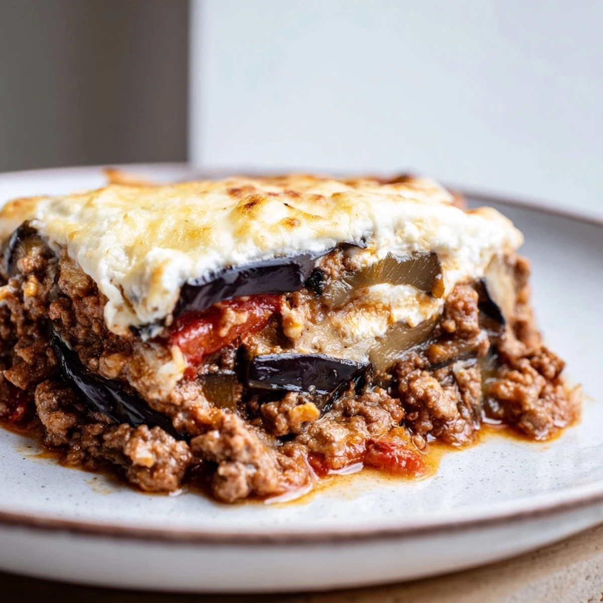 A bubbling baking dish showcasing the delicious moussaka after it's been baked to a perfect crisp.