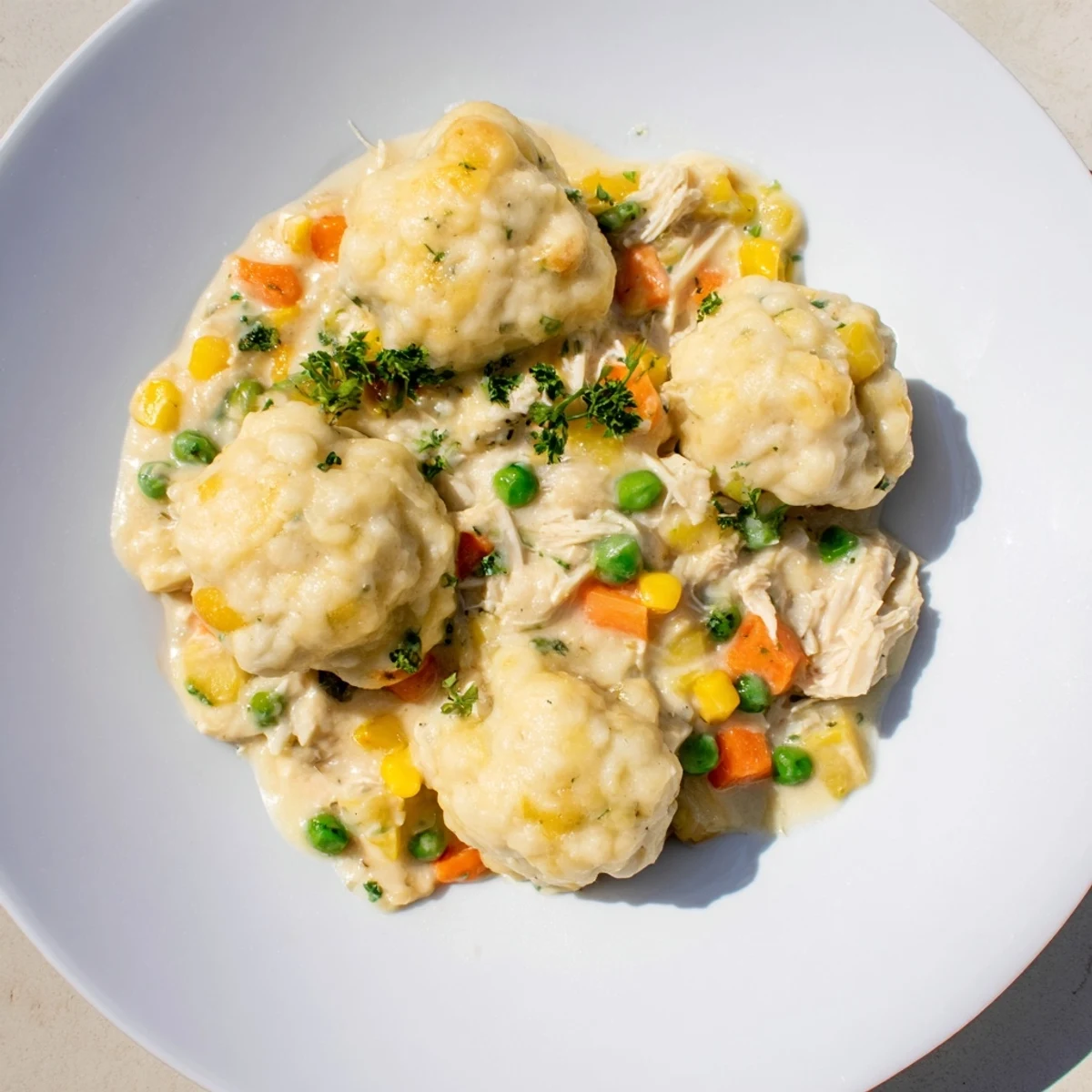 Chicken and Dumplings Casserole, bubbling hot, ready to serve with golden, fluffy dumplings atop.