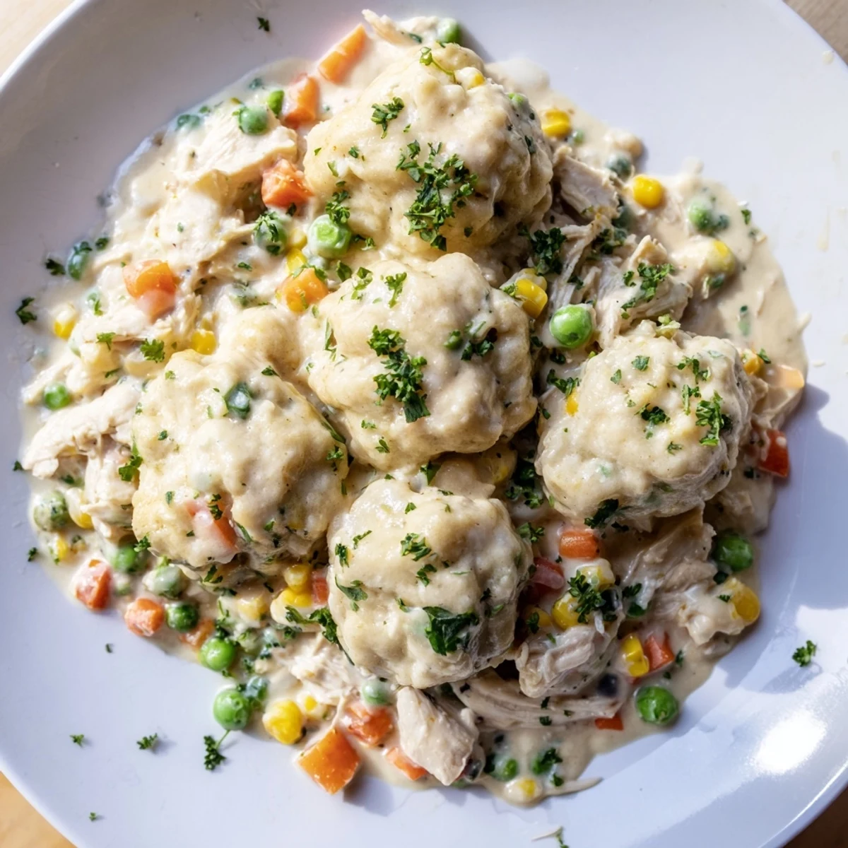 Delicious, creamy Chicken and Dumplings Casserole with tender chicken and fluffy, baked dumplings.