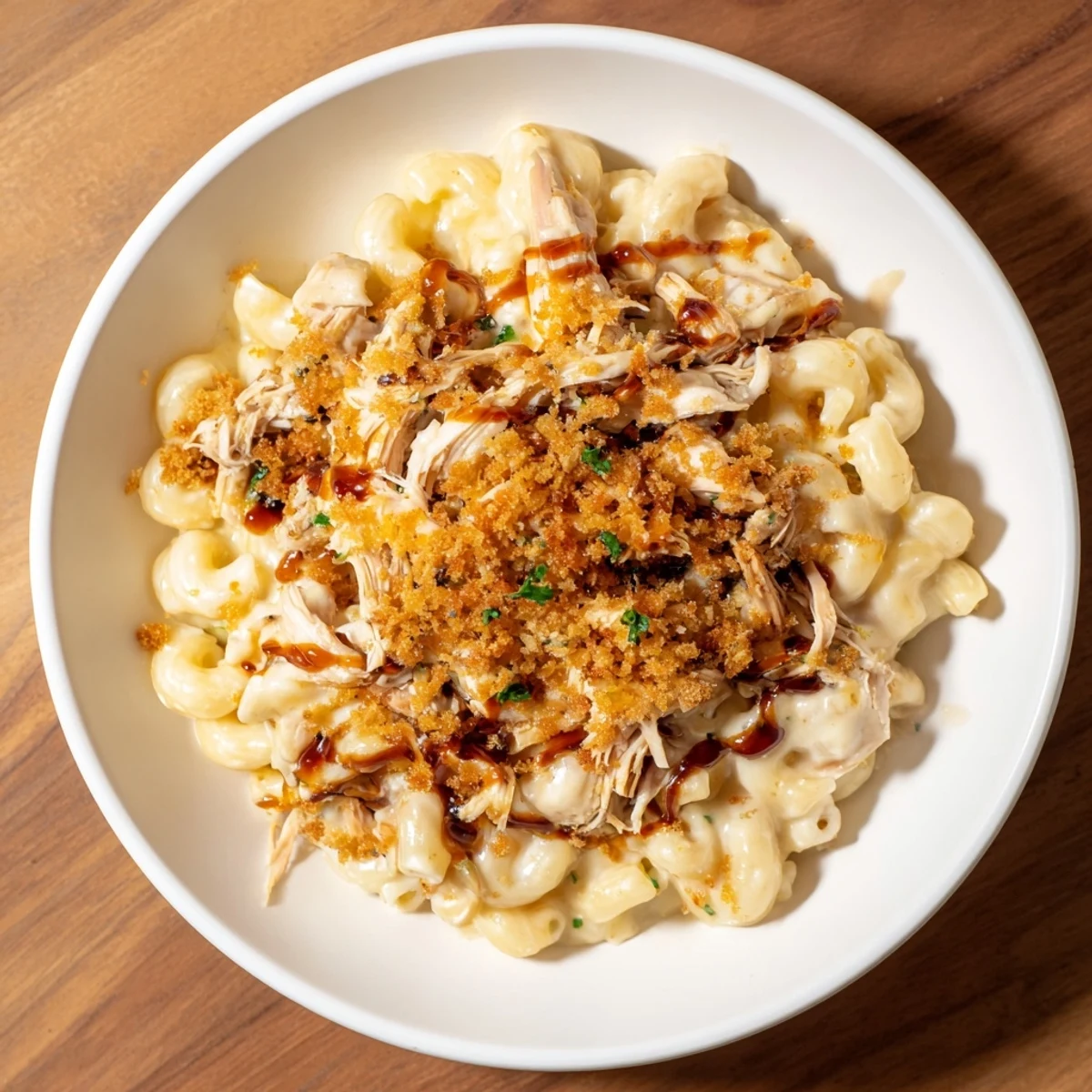 Golden-topped Classic Mac & Cheese with BBQ Chicken; the perfect family meal with a comforting cheesy texture.