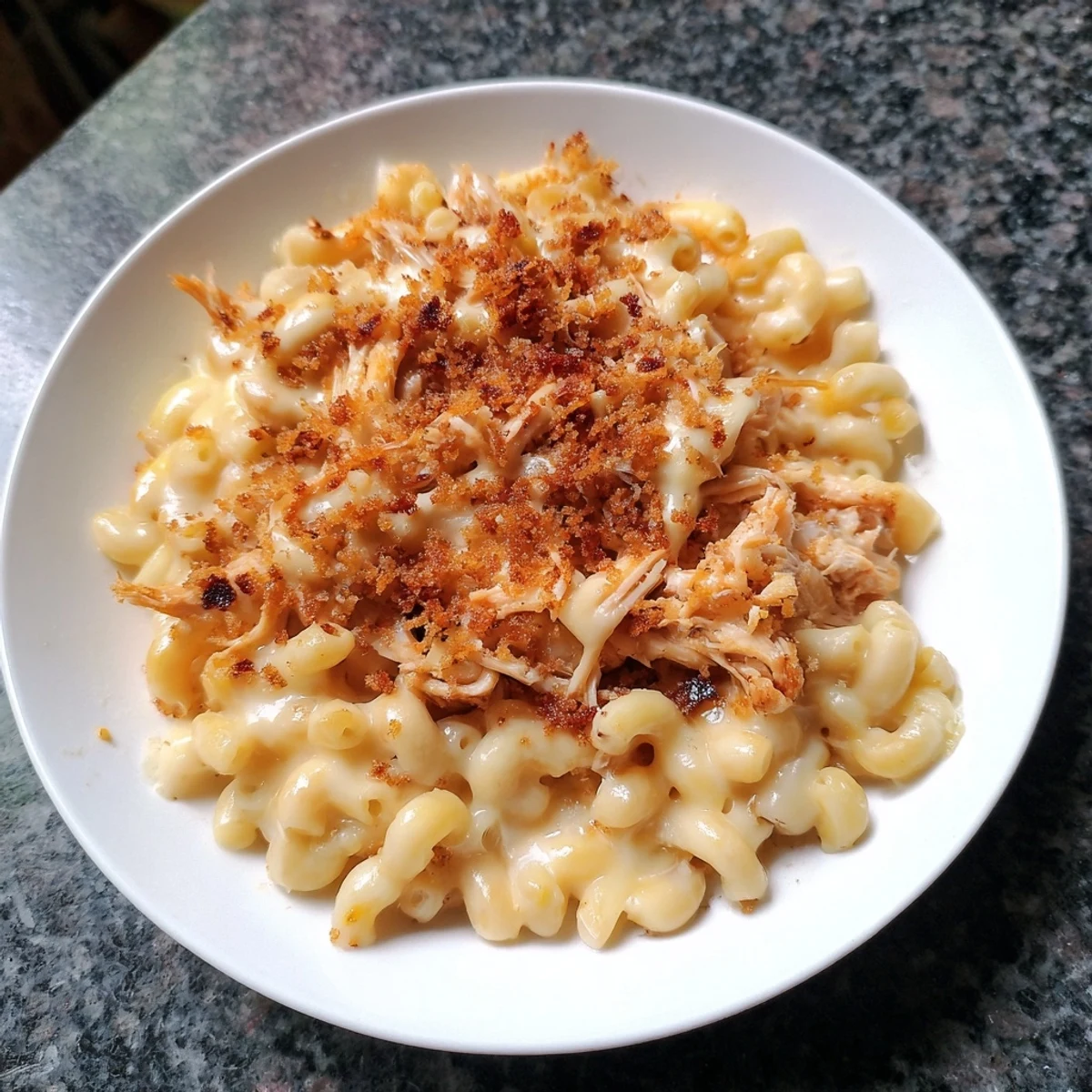 Classic Mac & Cheese with BBQ Chicken: a bubbling casserole featuring golden breadcrumbs and tender chicken.