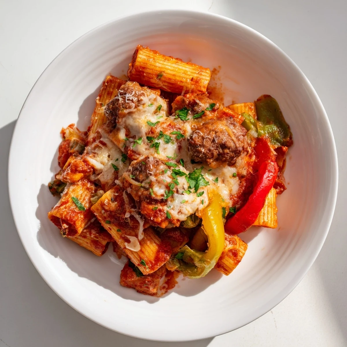 A close-up of cheesy, baked rigatoni with sausage and peppers, ready to serve with fresh herbs.