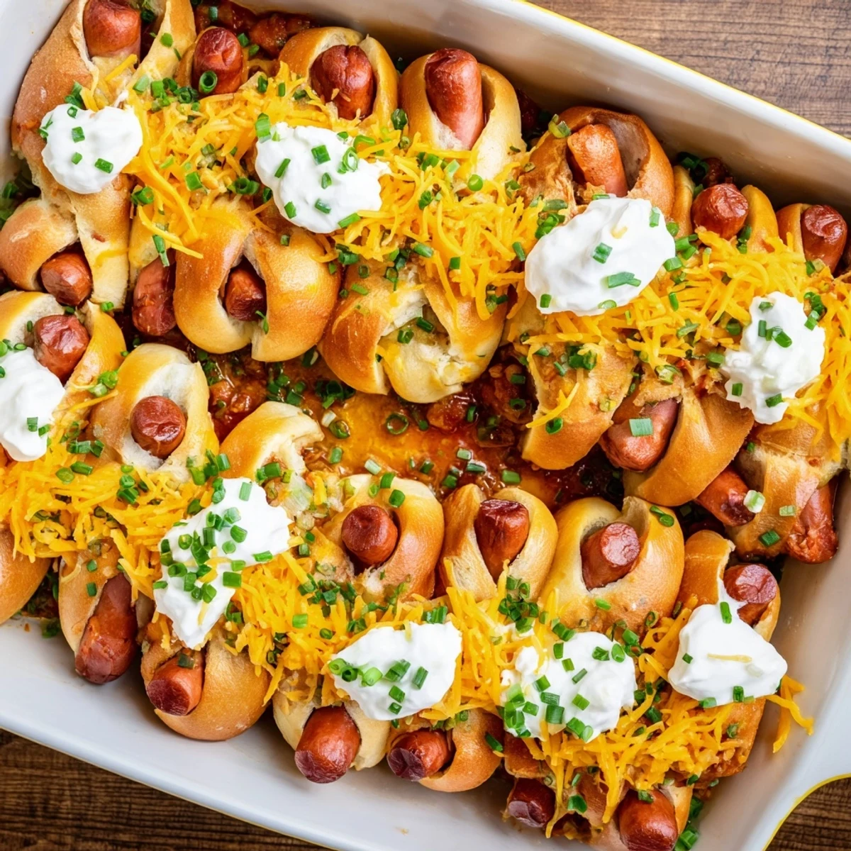 Hot, cheesy Chili Dog Casserole with visible hot dog pieces, a comforting American classic.